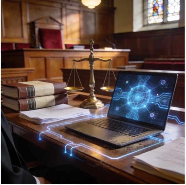 AI-powered legal technology displayed on a laptop in a courtroom, illustrating the use of artificial intelligence in modern legal practice.