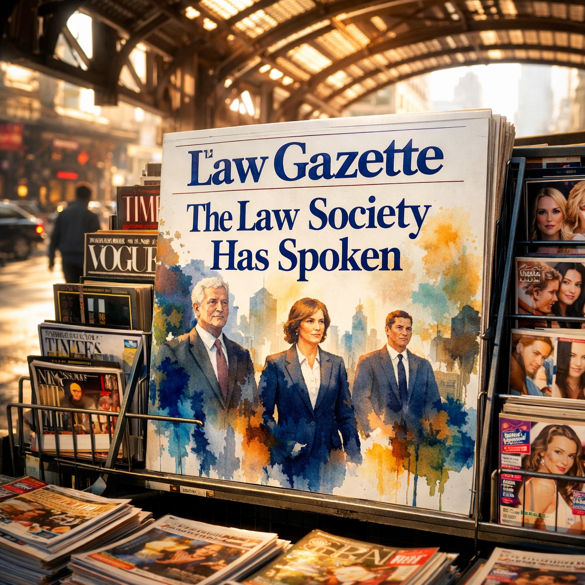 A newspaper titled “The Law Gazette” displayed on a magazine stand, with the headline “The Law Society Has Spoken” above an illustration of three legal professionals in front of a city skyline, surrounded by other magazines in a sunlit urban setting.