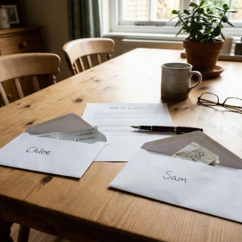 Two envelopes addressed to Chloe and Sam on a kitchen table, one containing a cheque for £50,000 and the other a £50 note, beside a document headed "Gift or Loan?".