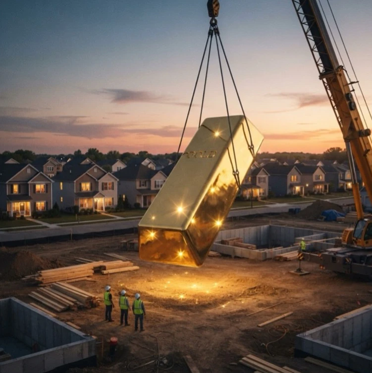 A giant gold bar suspended from a crane above the concrete foundations of a housing development, with construction workers in hi-vis watching and newly built homes behind at dusk.