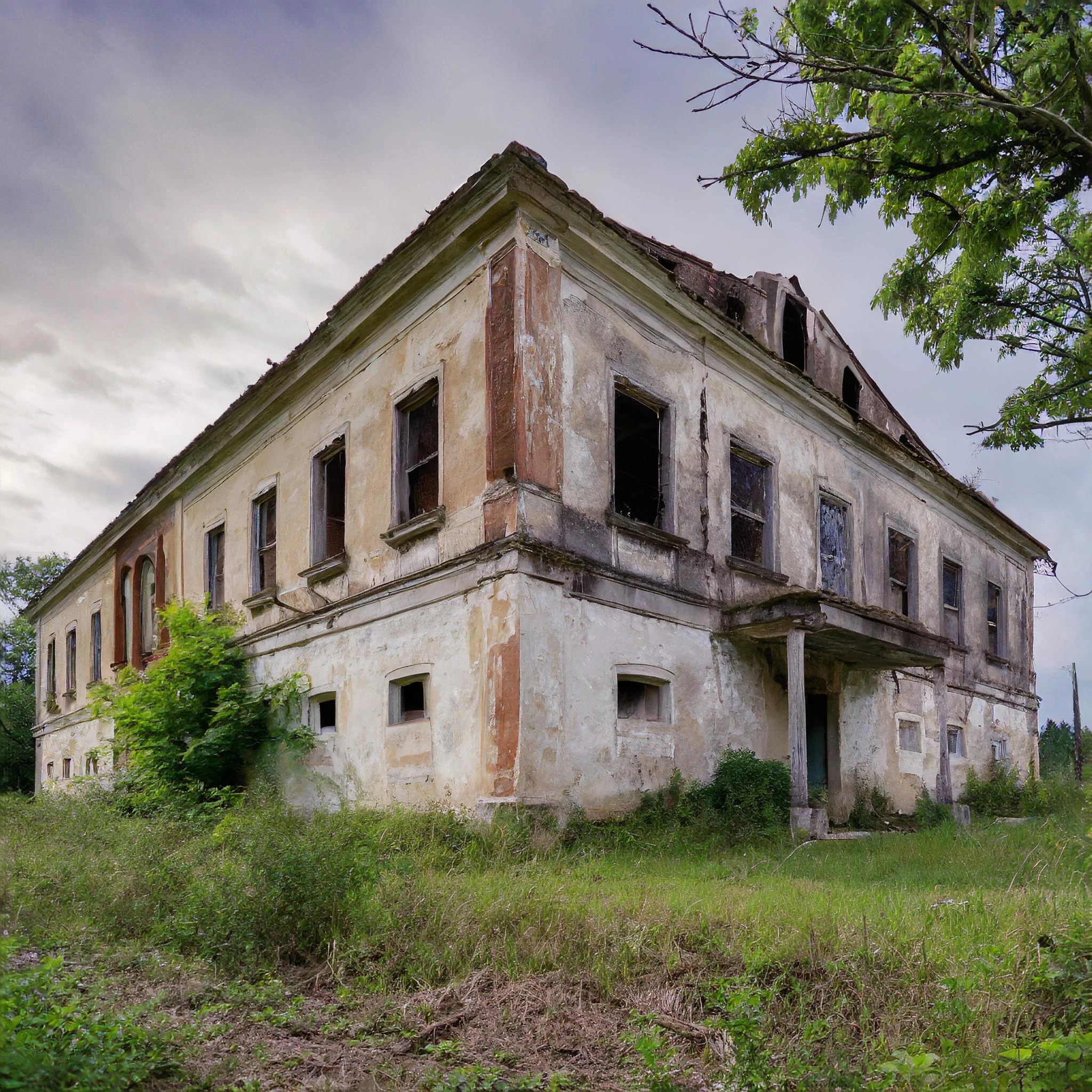 A large derelict house with broken windows, crumbling render and a partially collapsed roof, standing empty in overgrown grounds.