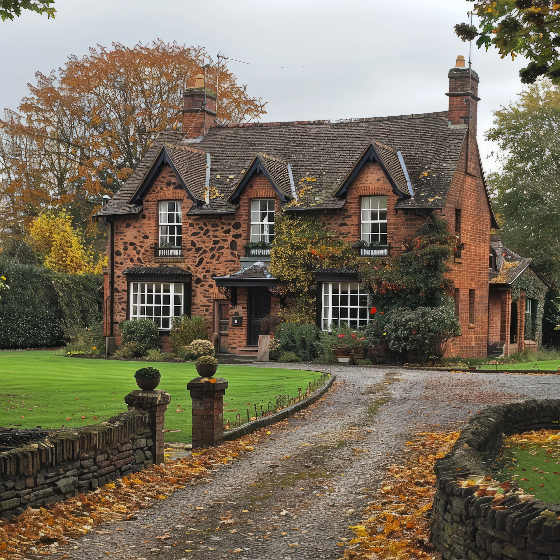 A red brick country house with gabled dormers and a gravel driveway scattered with autumn leaves, set behind a lawn and low stone wall.