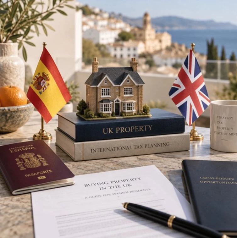 Spanish and UK flag representing property taxes in both countries