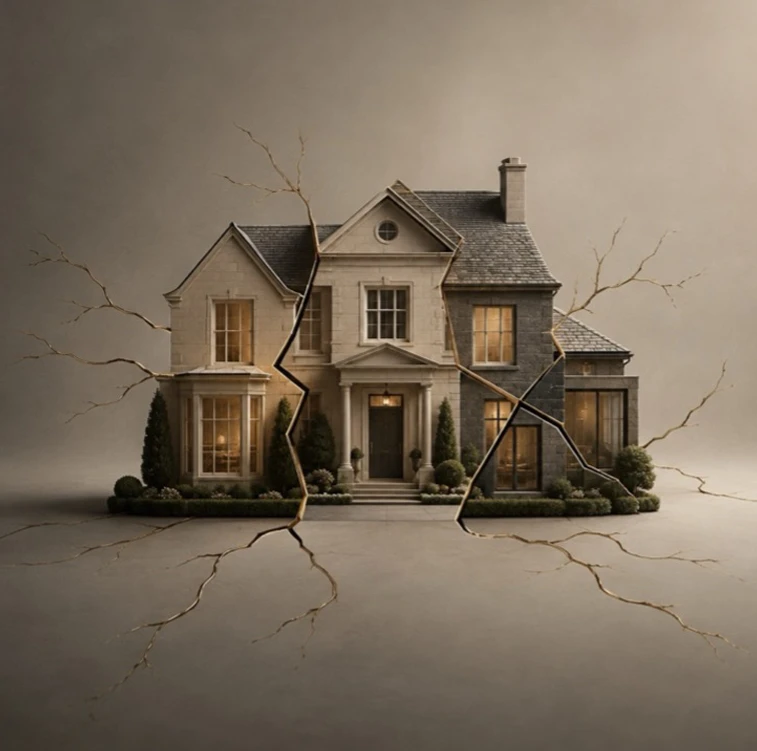 Photo of a house with severe cracks representing disputes related to inheritances