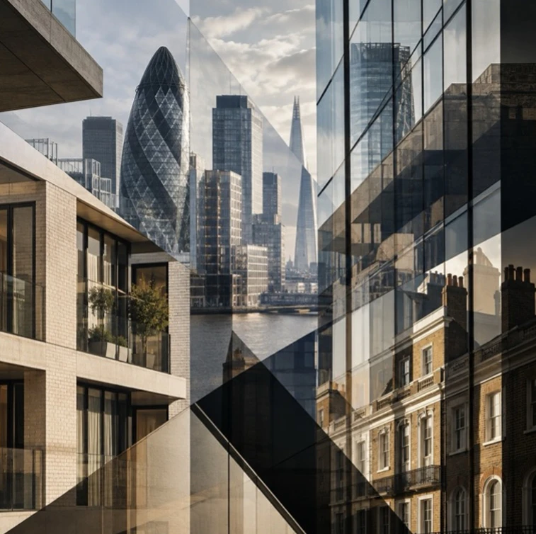 Composite image of London property, from the Gherkin and the Shard to modern apartments and Georgian terraces