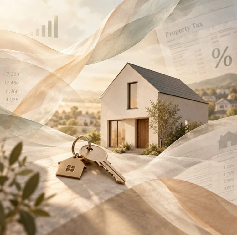 Illustration of a house and a house-shaped keyring, overlaid with property tax documents and percentage rates