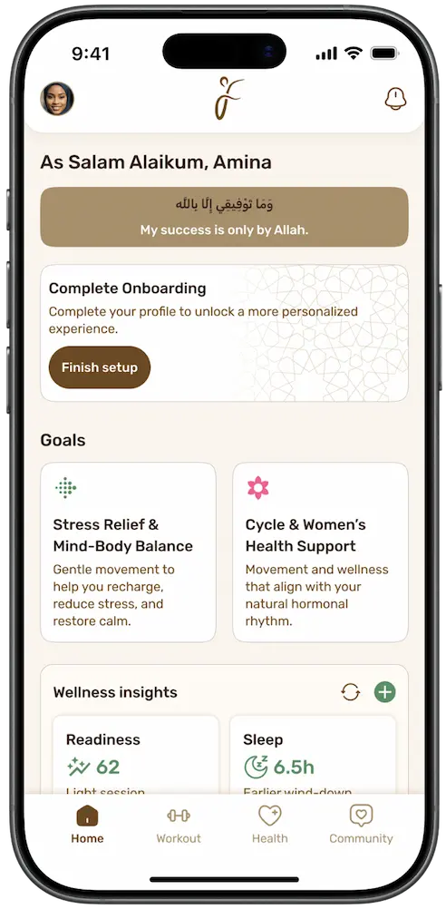 Mobile wellness app home screen greeting Amina with a quote in Arabic and English, onboarding prompt, goals for stress relief and women's health, wellness insights for readiness and sleep, and navigation menu with Home, Workout, Health, and Community icons.