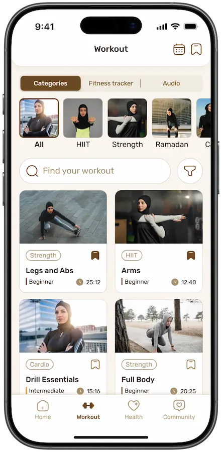 Mobile app workout screen showing categories including All, HIIT, Strength, Ramadan with workout options for Legs and Abs, Arms, Drill Essentials, and Full Body exercises.