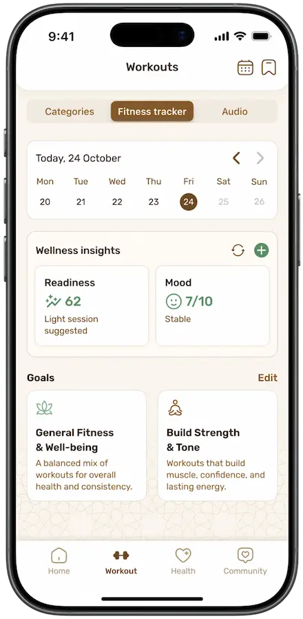 Smartphone screen showing a workout app page with fitness tracker tab selected, date October 24, wellness insights with readiness score 72 and sleep score 82, and goals for general fitness and building strength.