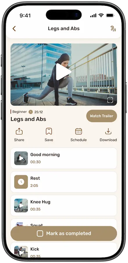 Mobile app screen showing a Legs and Abs workout program with video thumbnails, exercise list, and options to share, save, schedule, and download.