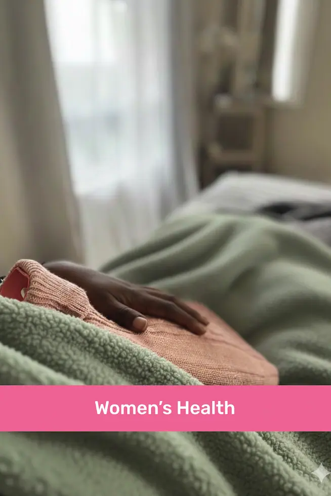 Close-up of a hand resting on a pink sweater over a green blanket in a softly lit bedroom.
