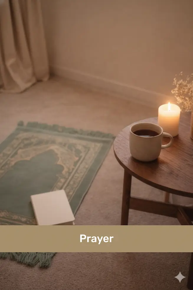 Cozy prayer area with a green prayer rug, Quran, lit candle, and cup on a wooden table.