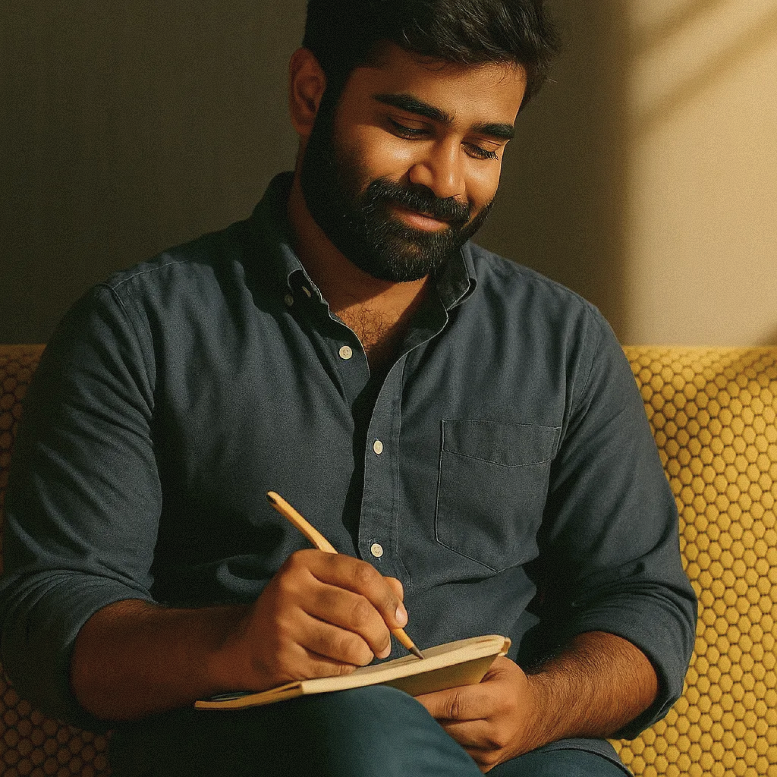 Bearded man in a dark shirt sitting on a yellow patterned couch, writing in a notebook with a pencil.