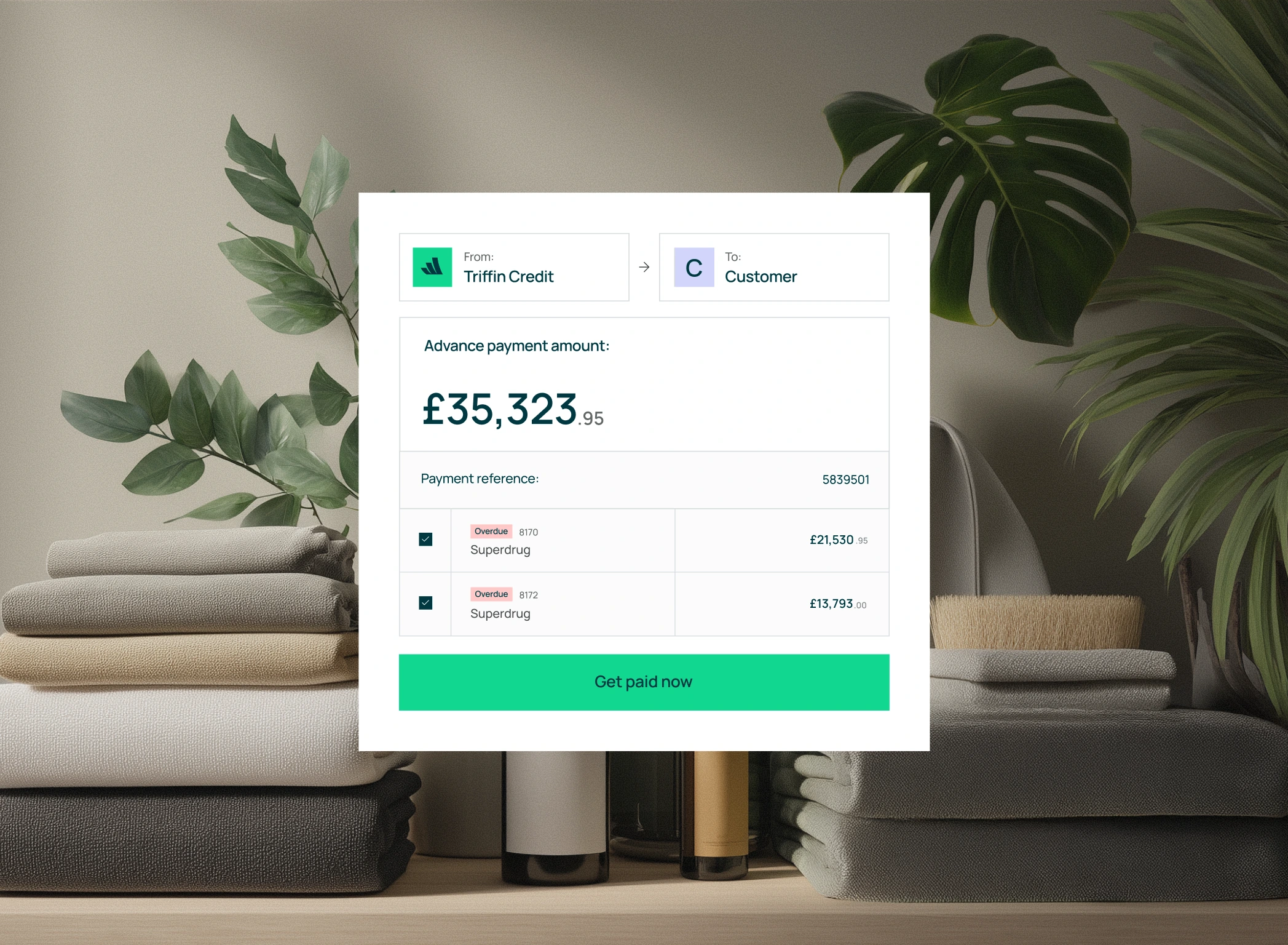 Digital payment interface showing an advance payment of £35,323.95 from Triffin Credit to Customer, with payment references and a 'Get paid now' button.