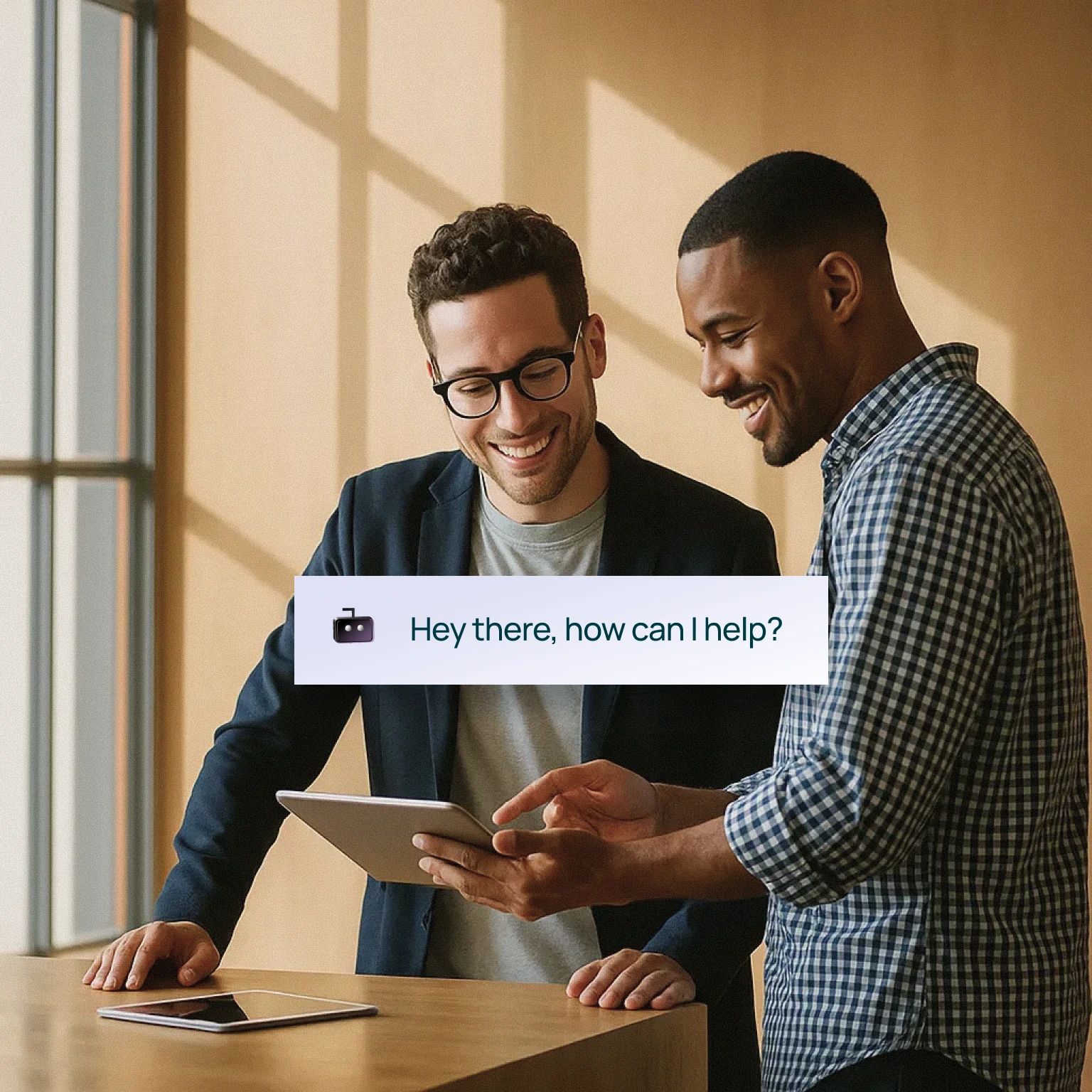 Two men smiling and looking at a tablet together in a brightly lit room, with a chatbot message overlay that says, 'Hey there, how can I help?'
