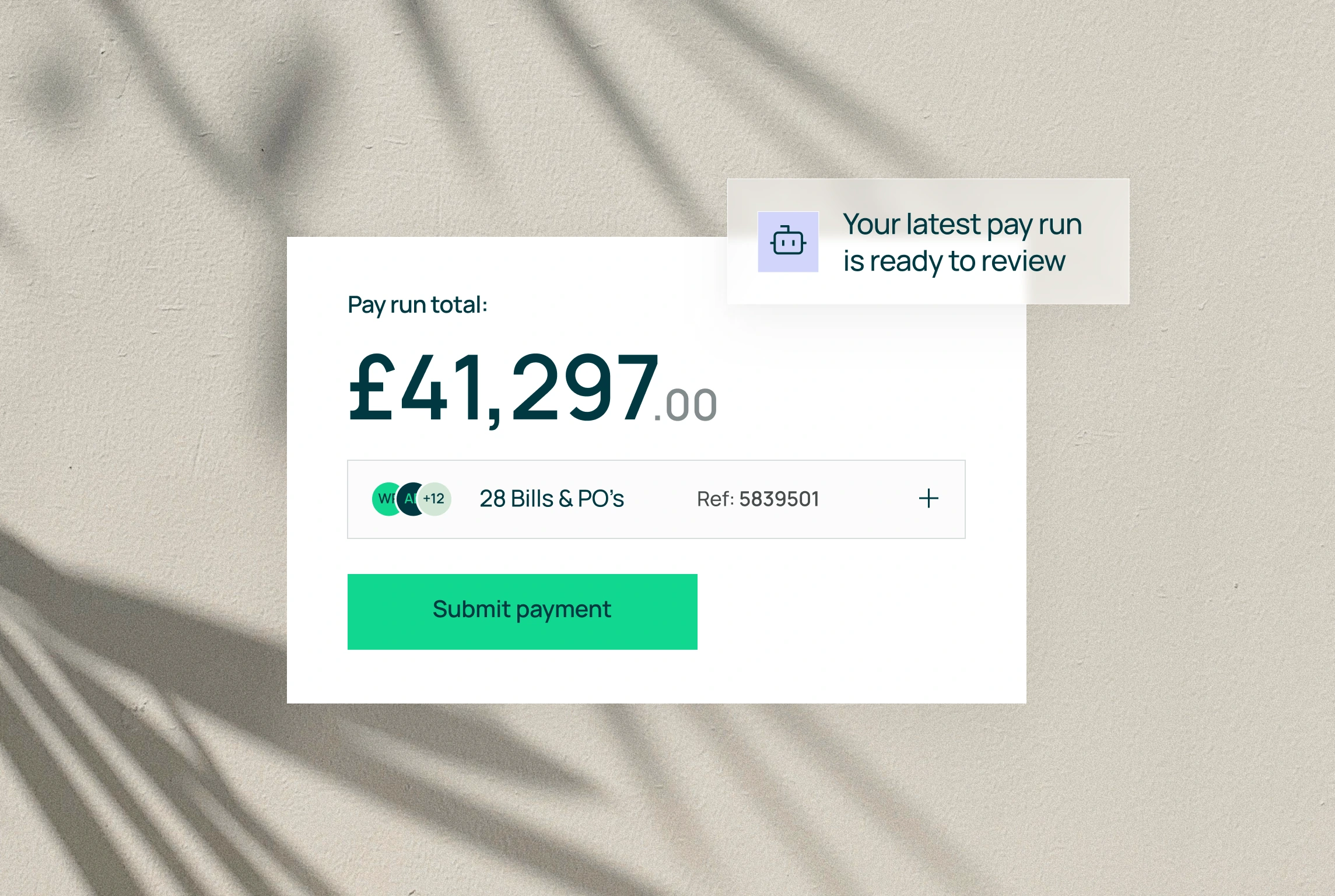 Smart pay run showing collection of bills and purchase orders with the ability to submit payment