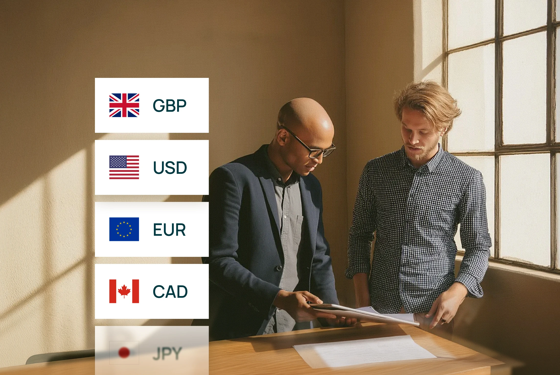 Two men reviewing documents at a wooden table near a large window with currency exchange options listed on the left including GBP, USD, EUR, CAD, and JPY.