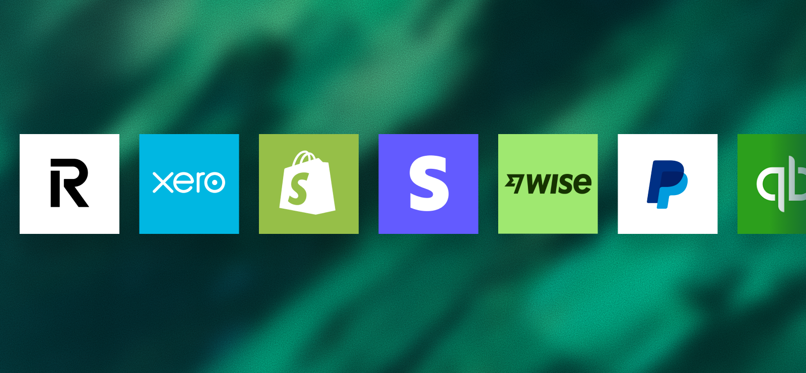 Row of logos for financial and e-commerce platforms including Rippling, Xero, Shopify, Stripe, Wise, PayPal, and QuickBooks on a green blurred background.
