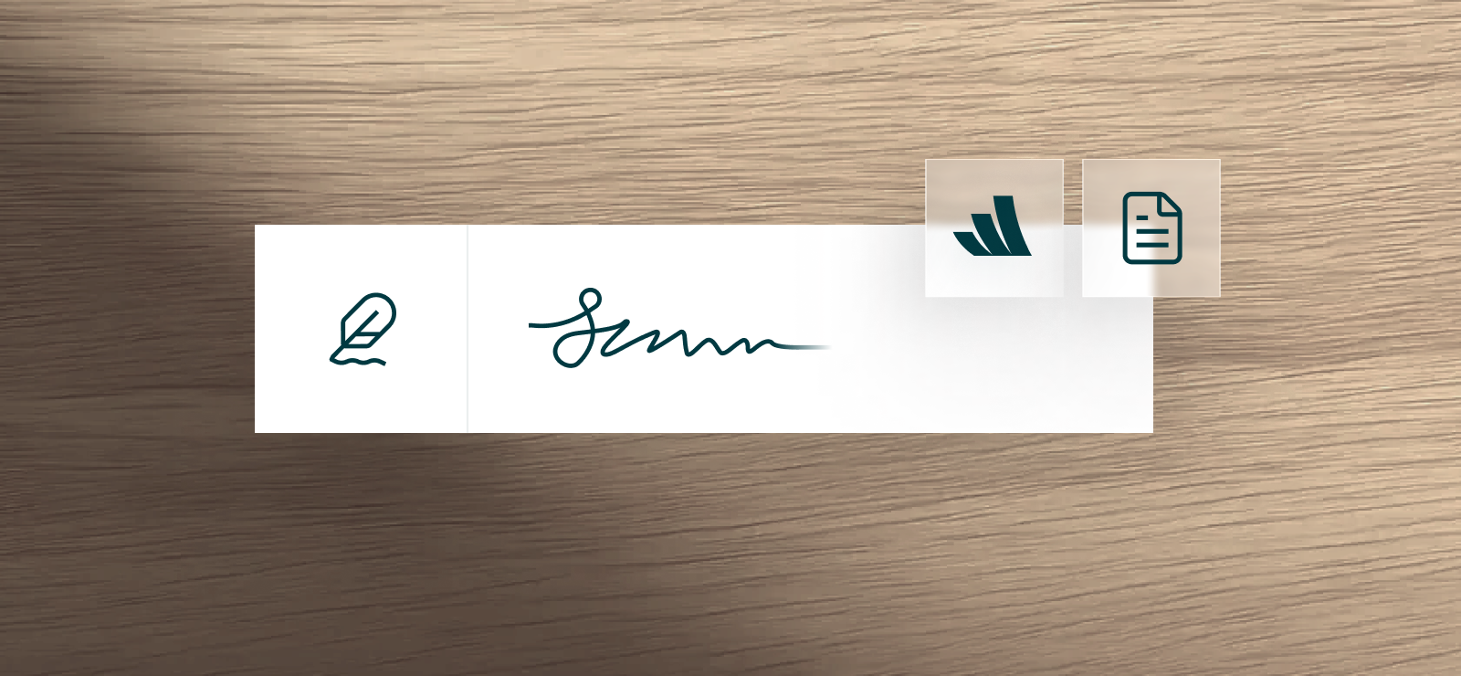 Digital signature interface showing a handwritten-style signature with pen, approval, and document icons on a wooden background.