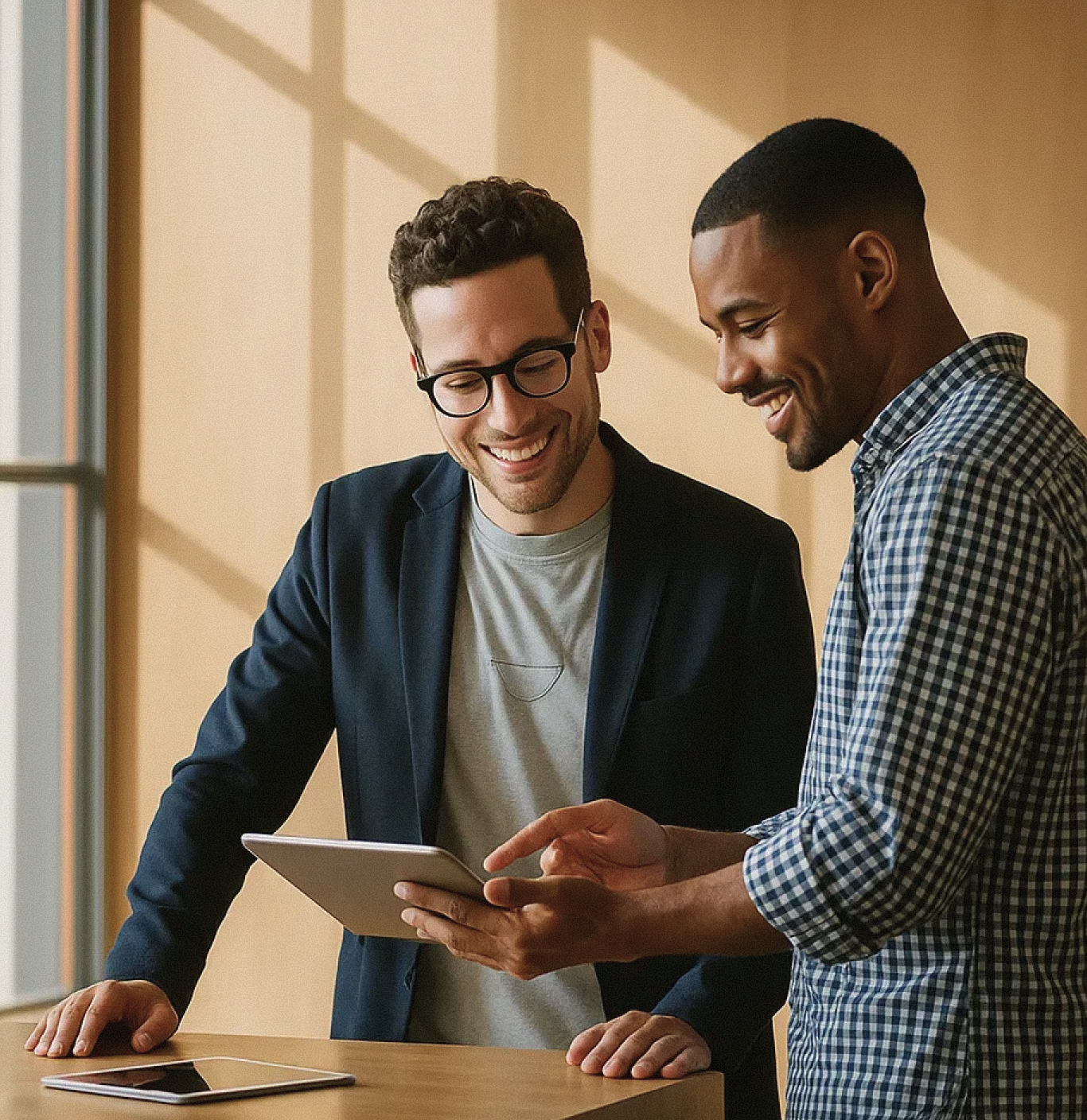 Two men smiling and looking at a tablet together in a well-lit office setting.