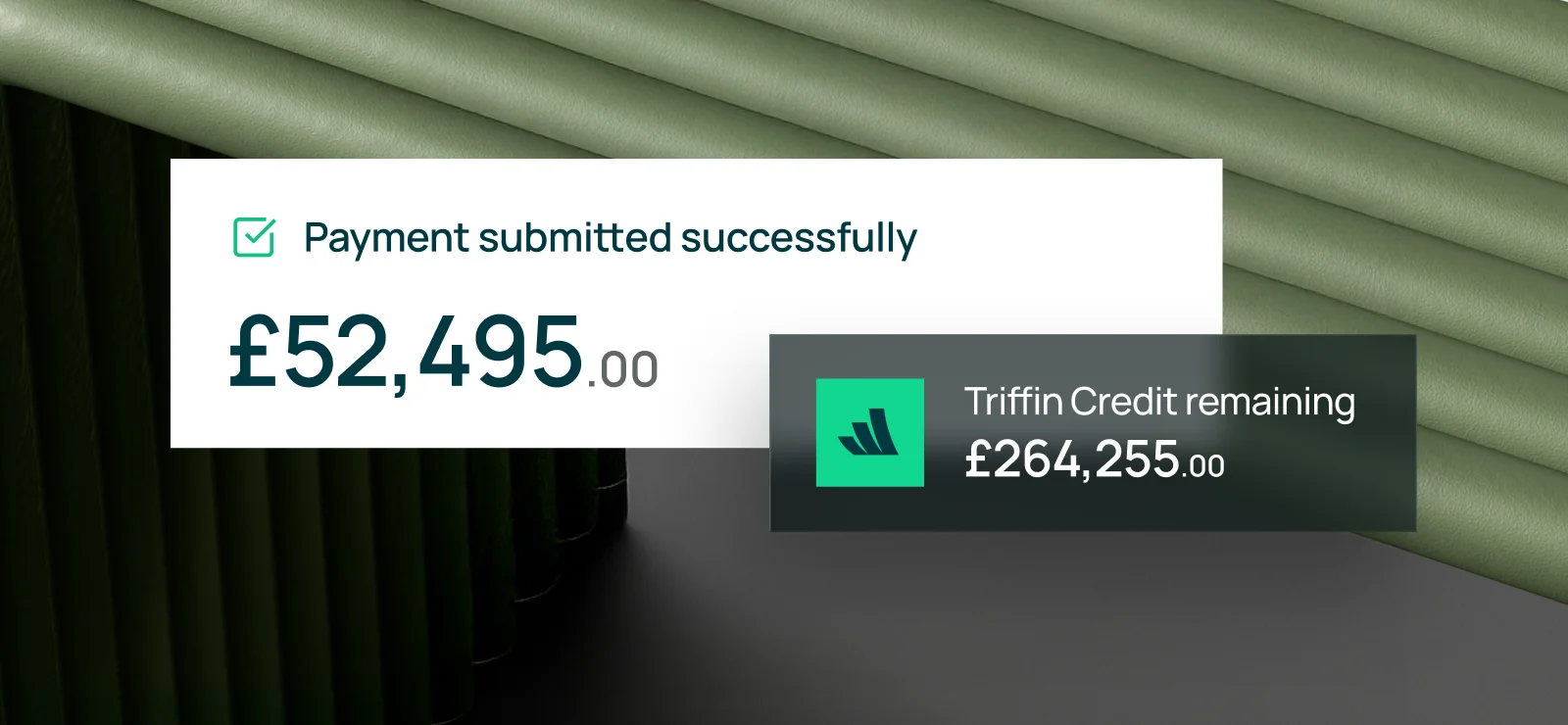 Confirmation of £52,495 payment submitted successfully with £264,255 Triffin Credit remaining.