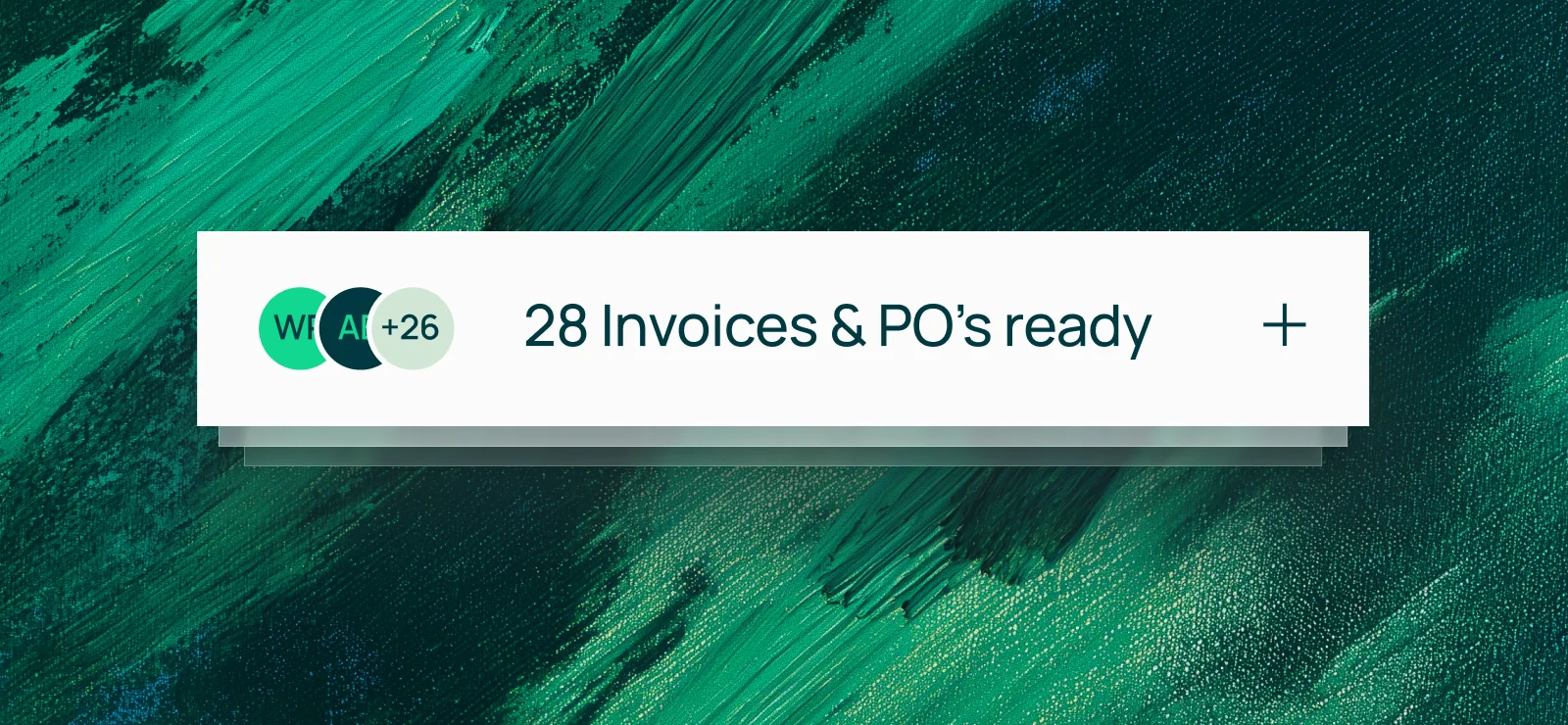 Notification bar showing 28 invoices and purchase orders ready with icons representing users and a plus sign.