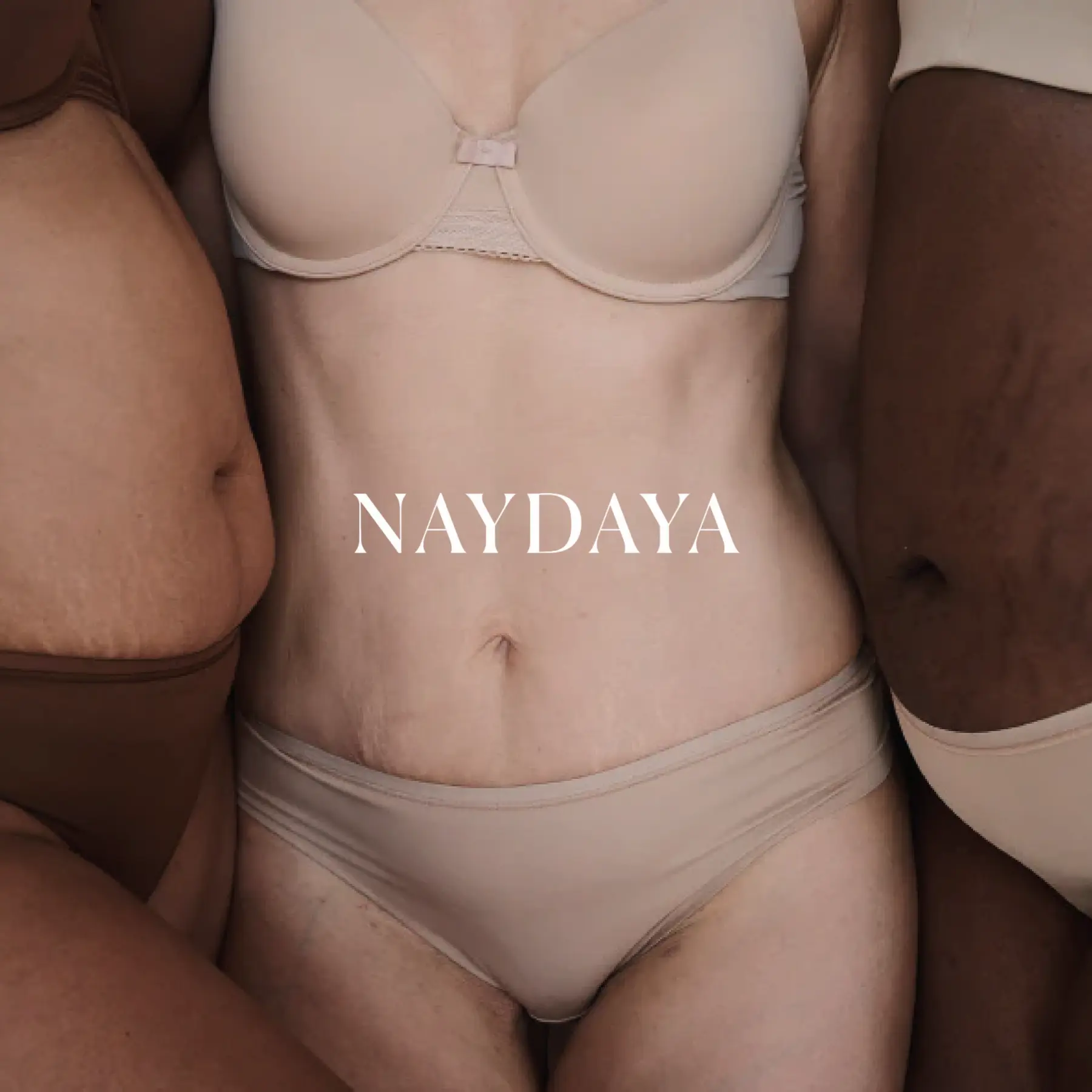 NAYDAYA brand logo above three women showing midriff where product is used