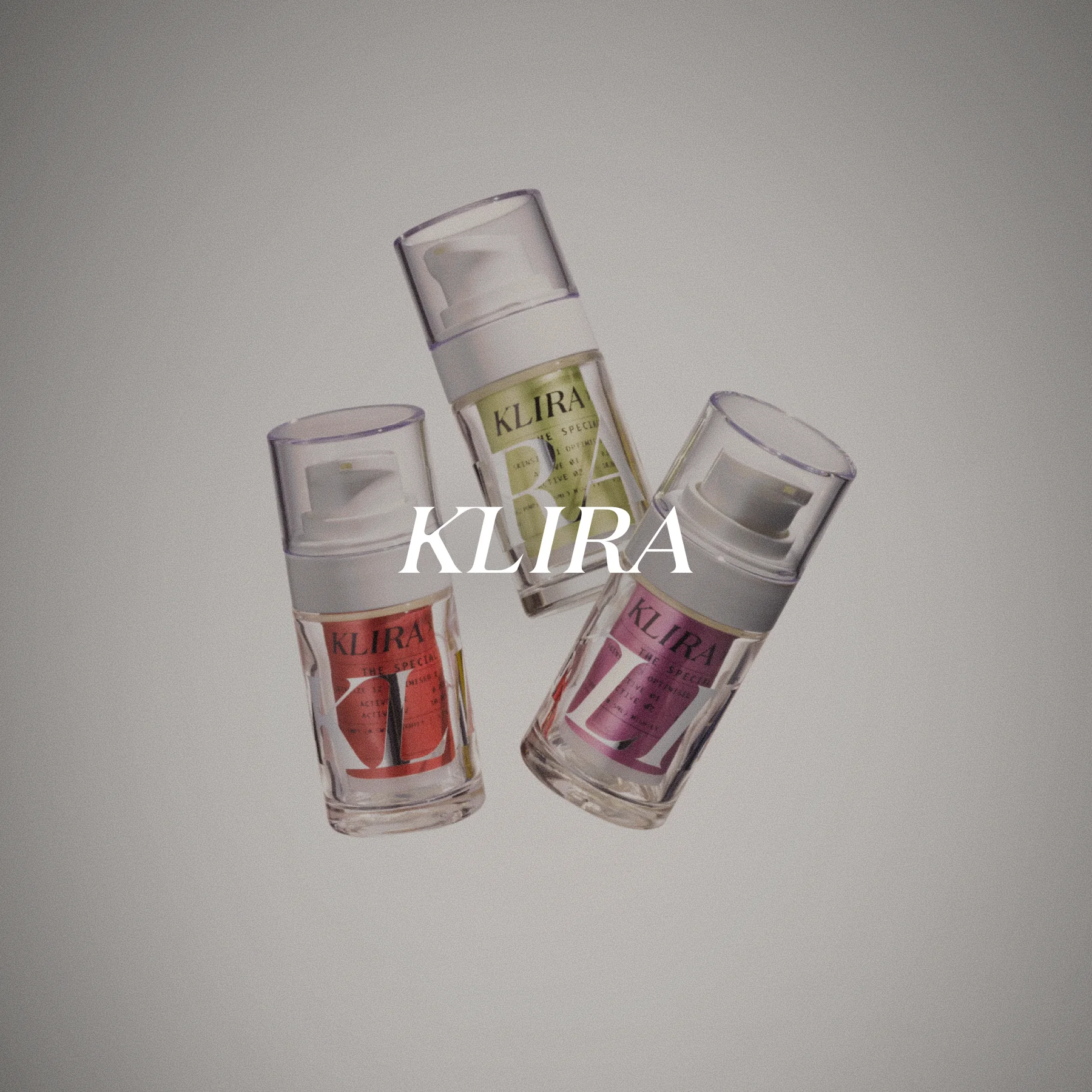 KLIRA brand logo above three KLIRA glass product bottles floating over minimal studio background
