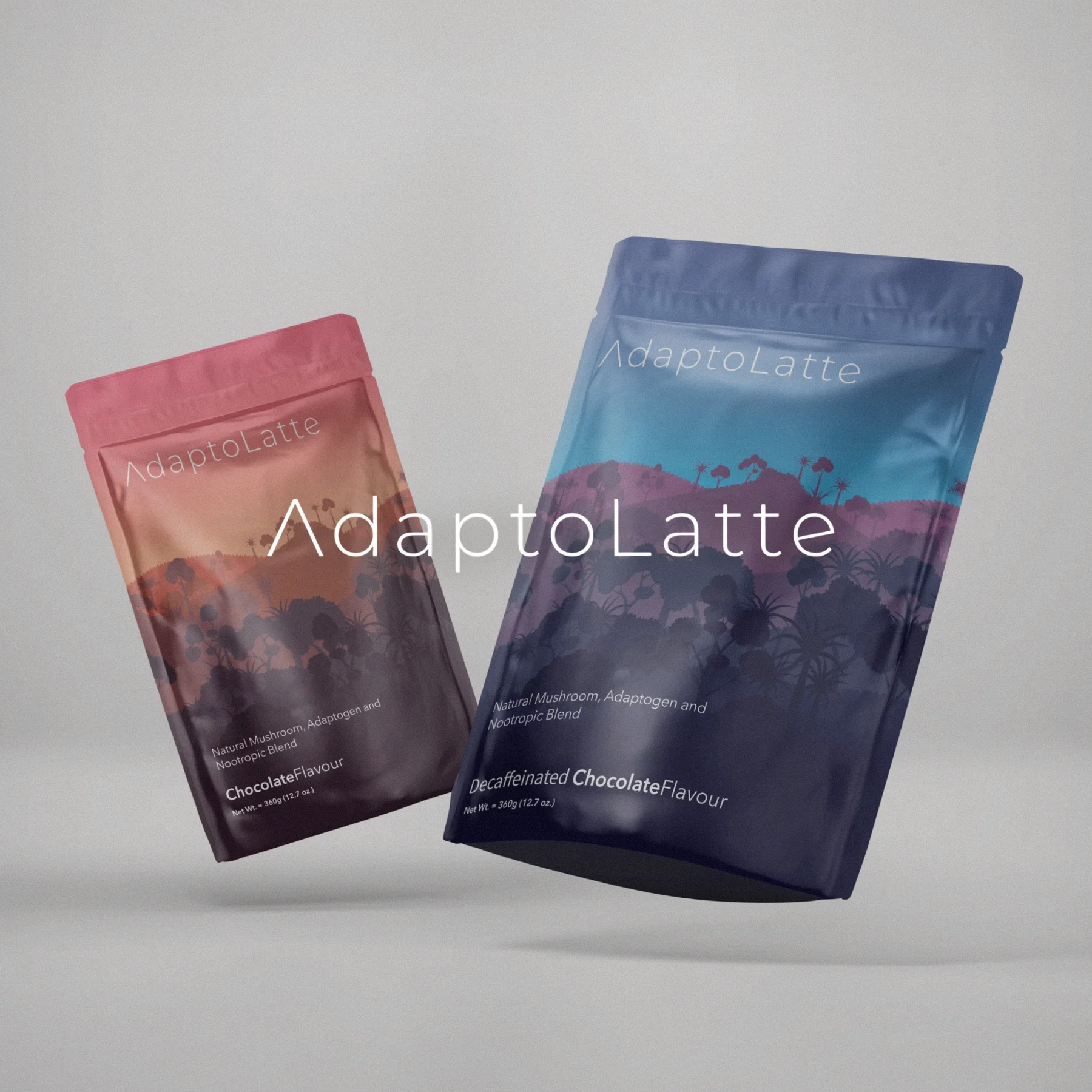 Adaptolatte brand logo above two Adaptolatte product bags floating over studio style grey background