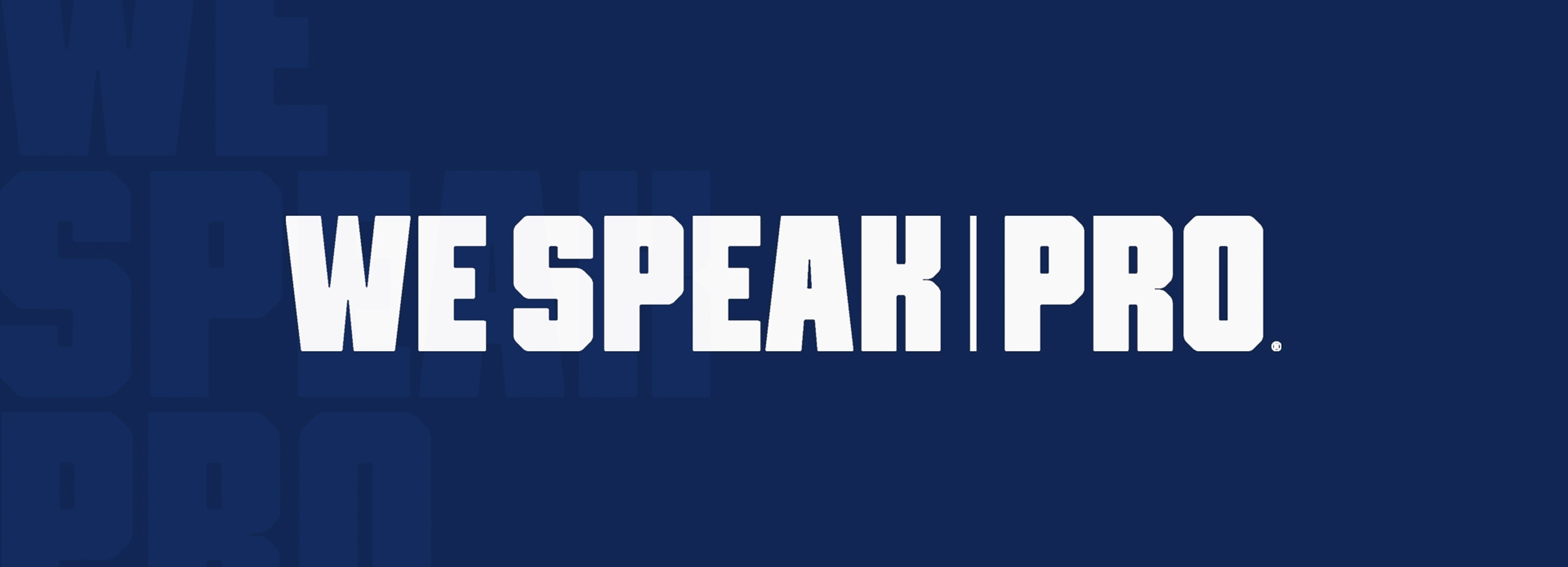 White bold block letters spelling 'WE SPEAK PRO' separated by a vertical bar on a dark blue background.