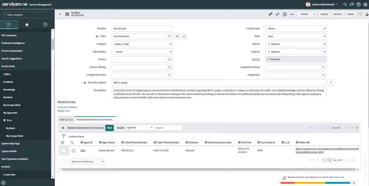 Screenshot of a ServiceNow dashboard