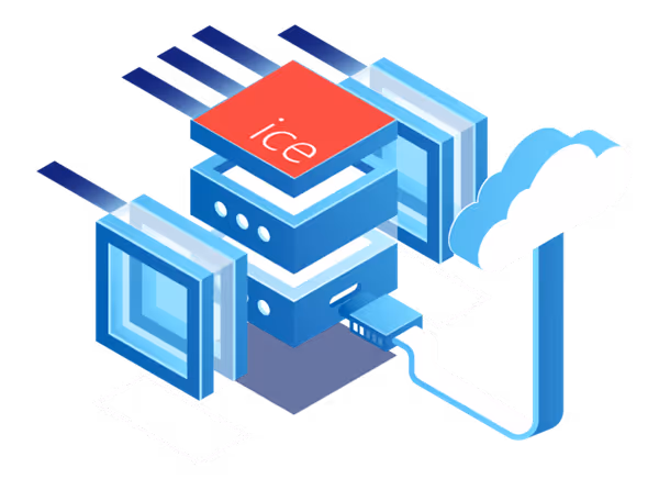 Illustration of a computing server connected to a cloud via a cable, with an ice Contact Center logo on top.
