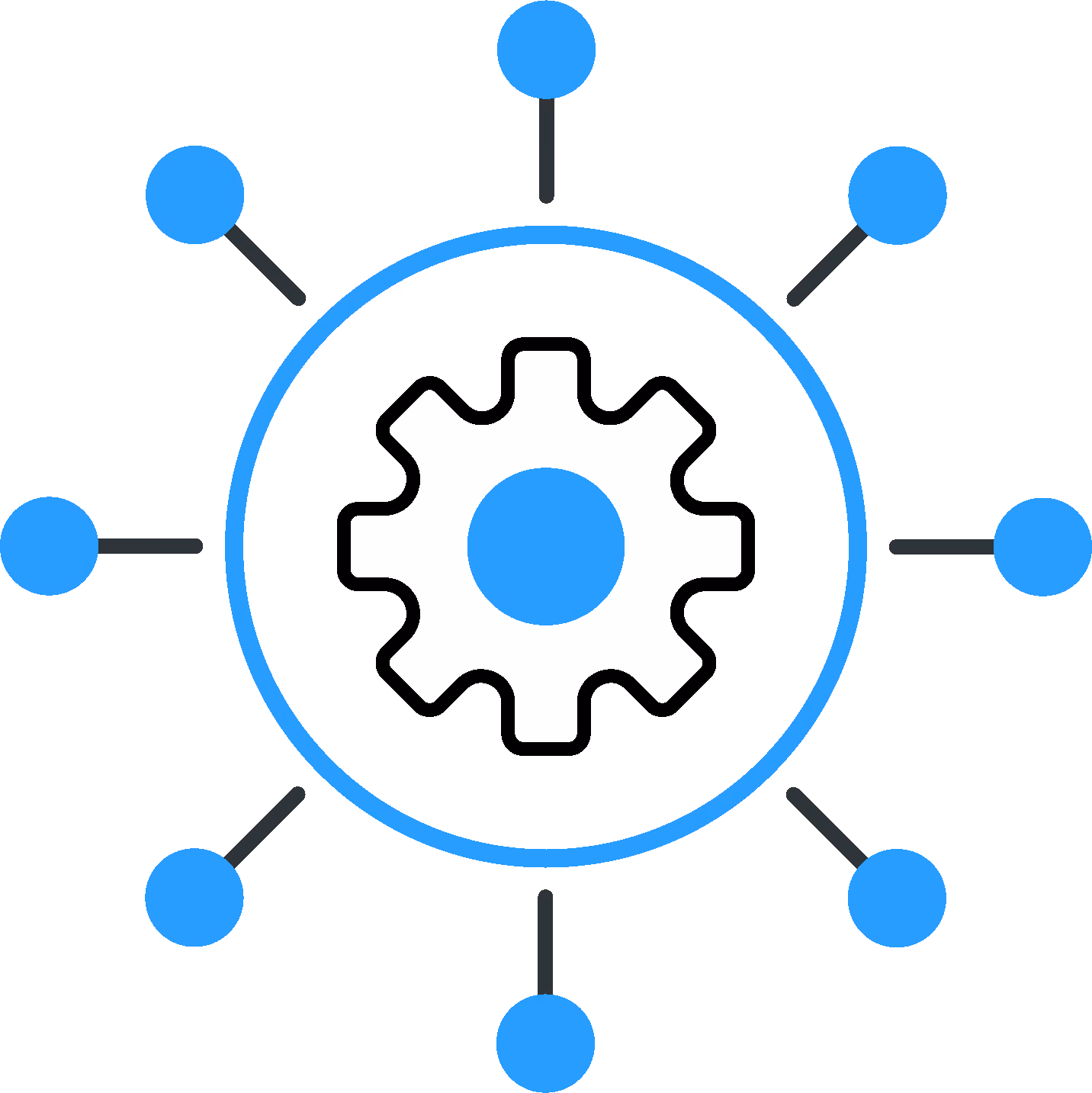 Central gear icon with eight outer blue circles.