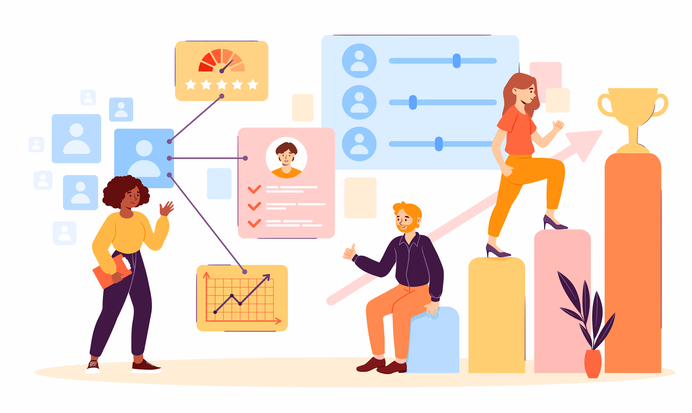Illustration of three people analyzing data and performance metrics with charts, sliders, and a trophy representing achievement.