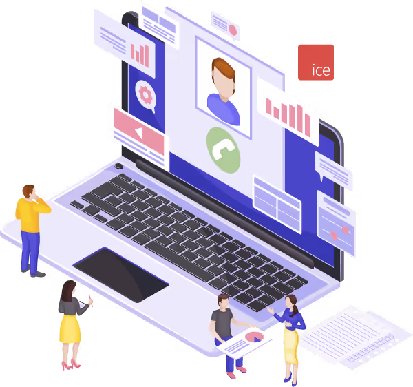 Illustration of a laptop displaying a call interface with charts and user profile, surrounded by four miniature people interacting with papers and data.