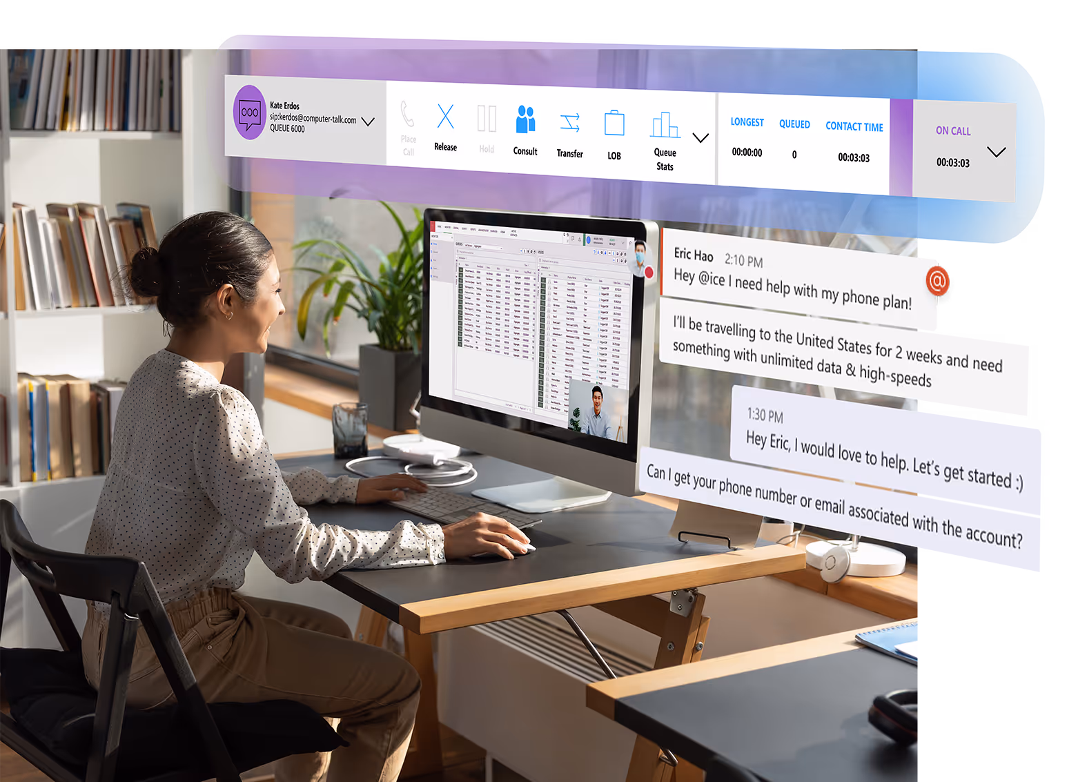 Woman at desk using a computer setup with a video call and messaging interface assisting a customer about phone plan support in a well-lit office.