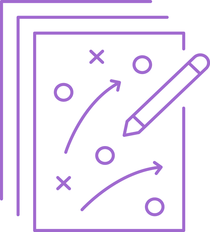 Purple icon of a pencil drawing strategic arrows and circles on a stack of paper.