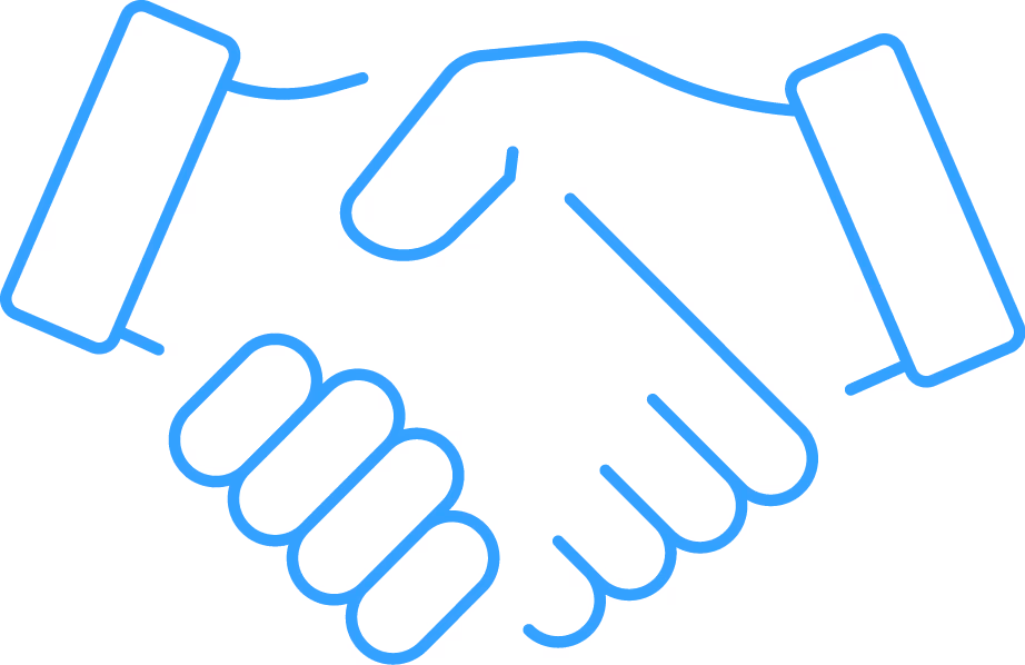 Blue icon of two hands shaking in a handshake gesture.