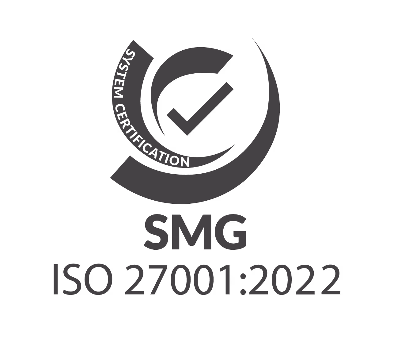 SMG ISO 27001:2022 certification logo with a checkmark inside circular design.