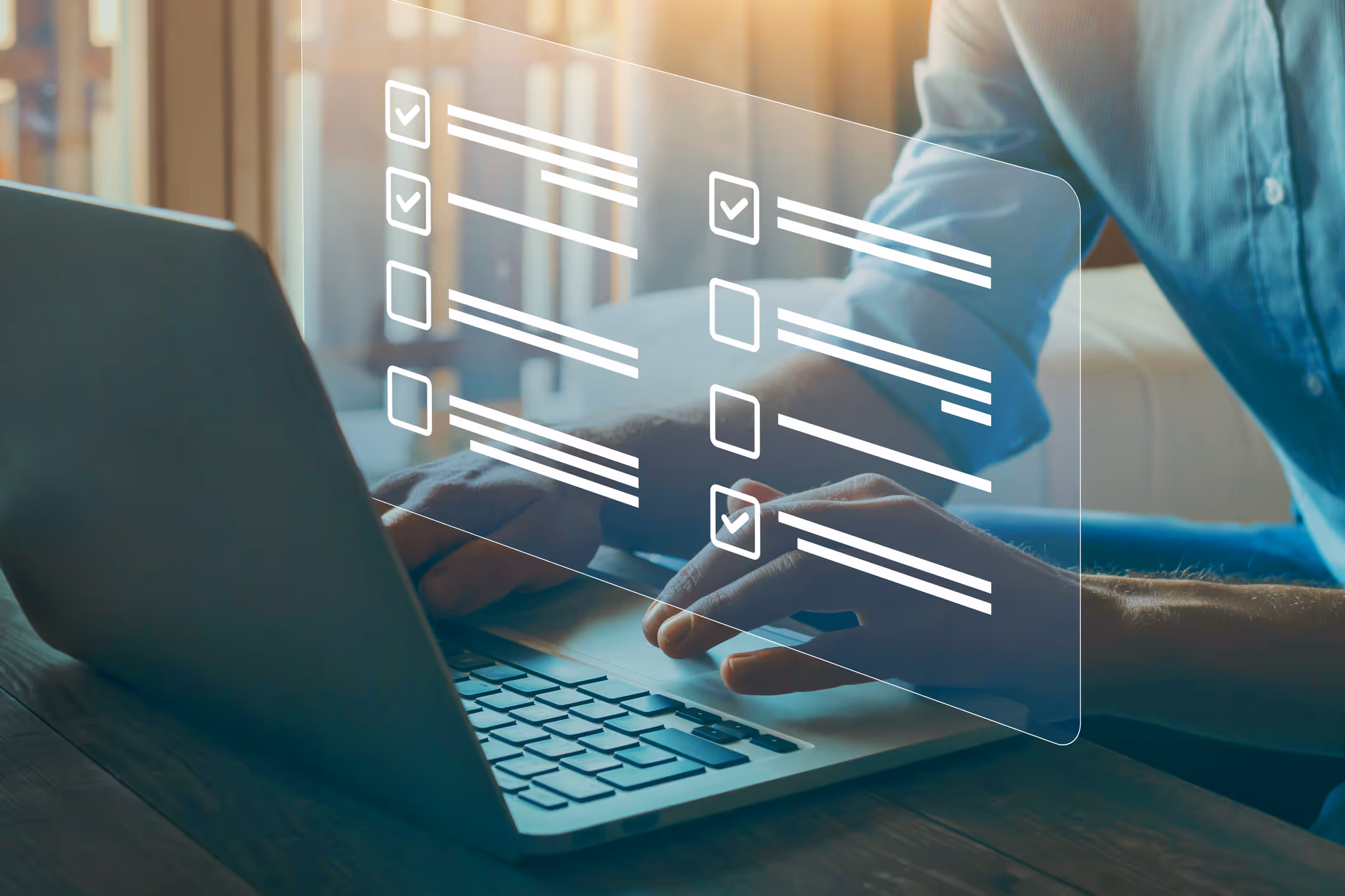 Person typing on a laptop with an overlay of a digital checklist with several checkmarks.