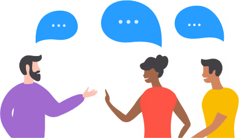 Three diverse people communicating with speech bubbles above them.