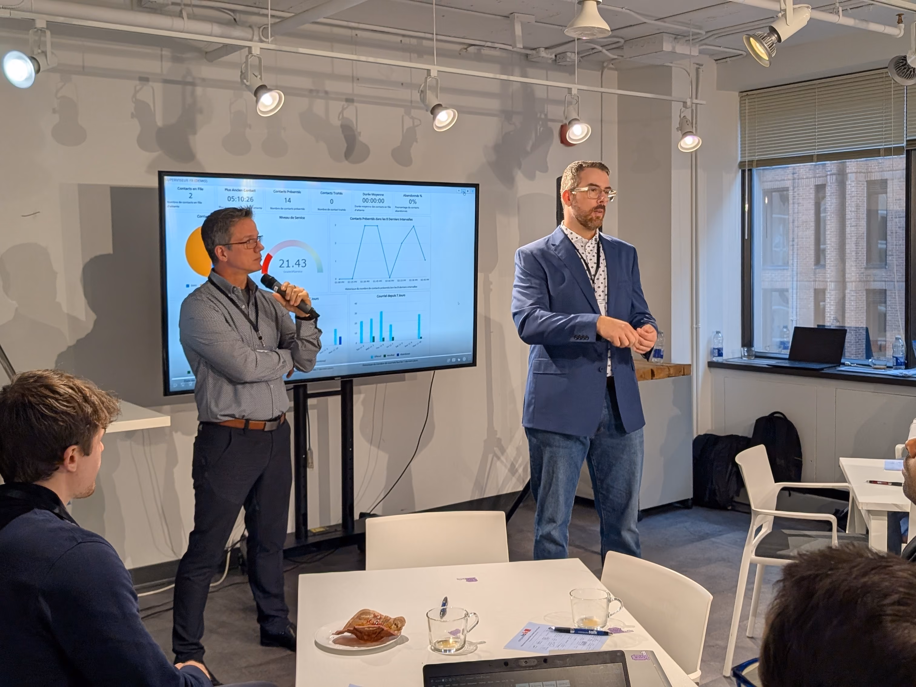 Two men presenting in a meeting room with charts on a TV screen and seated attendees around tables.