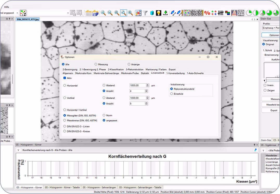  Bildanalyse Software für Mikroskope, Bildschirmfoto Modul Kornflächenverteilung