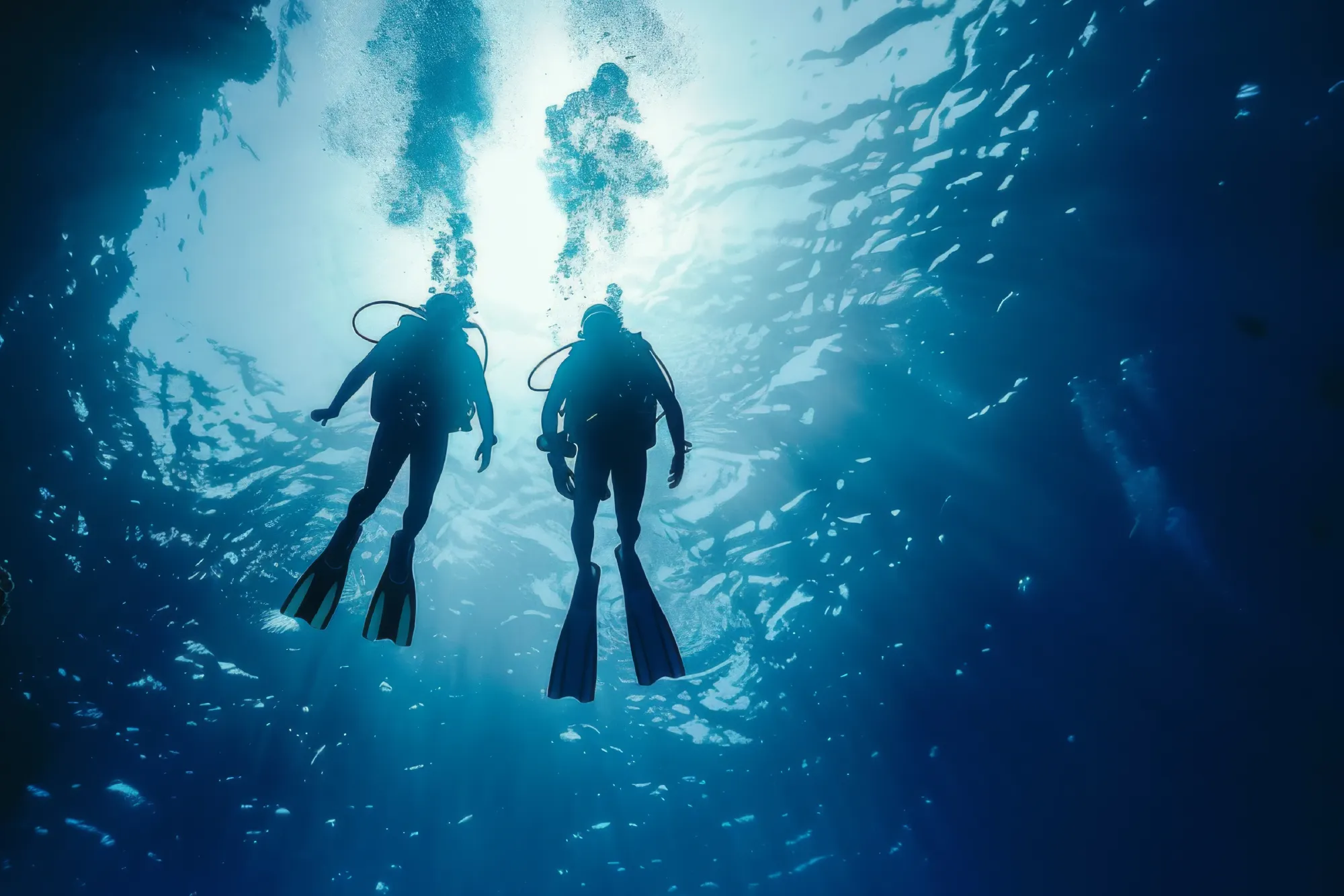 Two scuba divers swimming beneath the surface, silhouetted against sunlight filtering through the ocean
