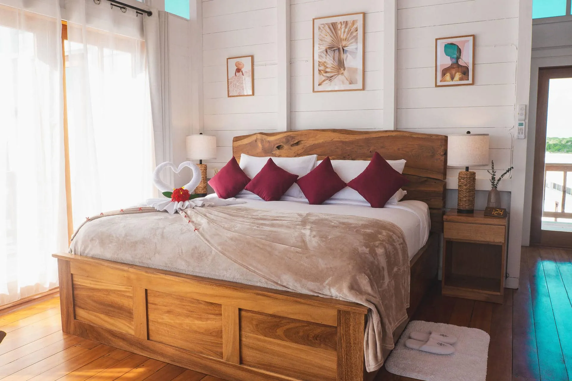 Stylish guest room with handcrafted wood furnishings.