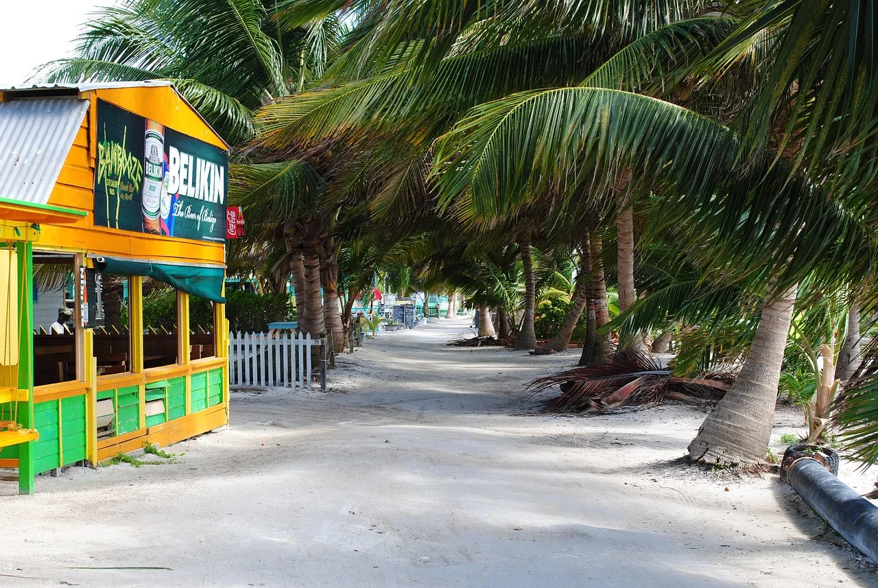 Colorful beach bar and sandy street lined with palm trees in Belize.