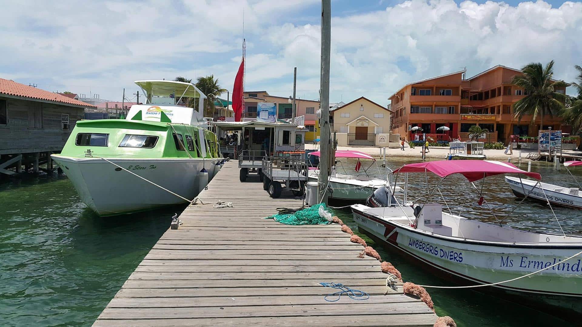 Boats docked at the Ambergris Caye marina.