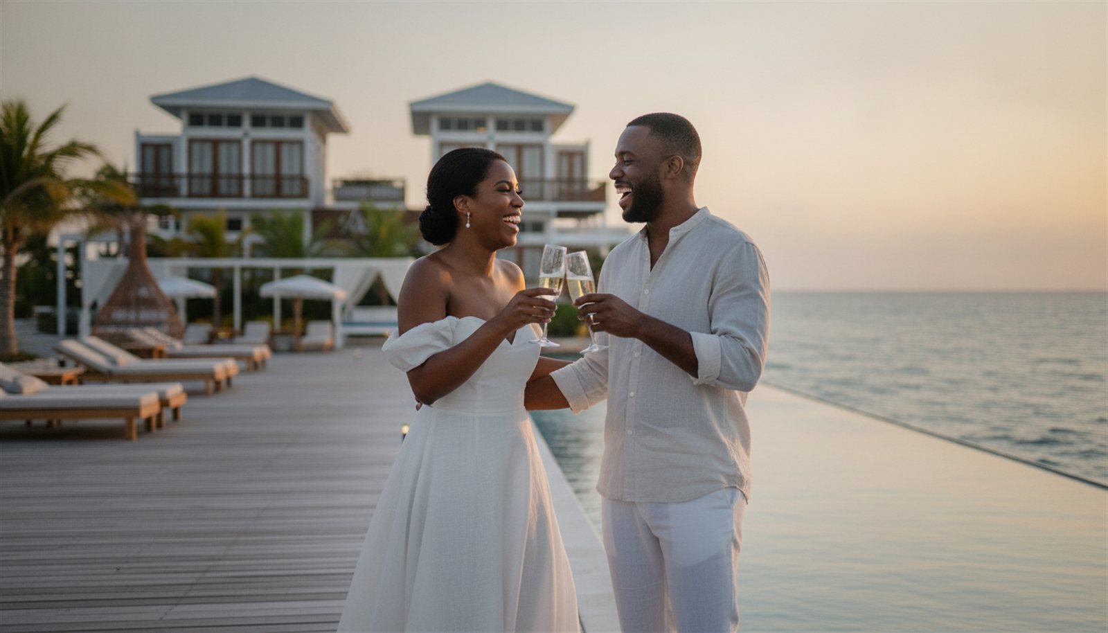 Newlywed couple toasting with champagne by the infinity pool at Aruna Resort & Villas in Belize
