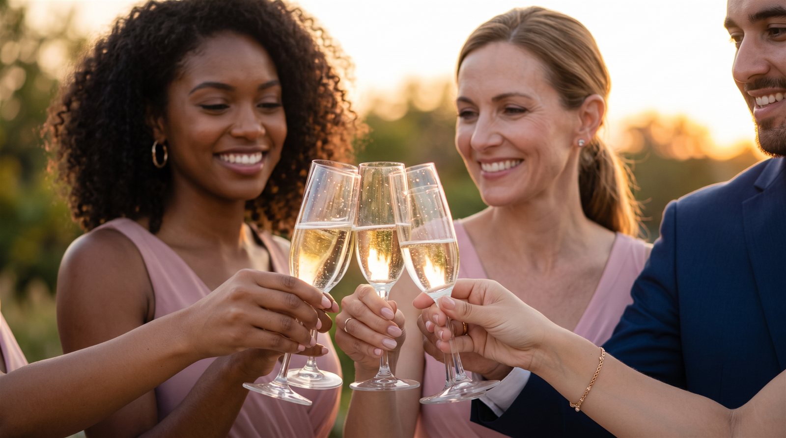 Wedding guests raising a champagne toast at sunset at Aruna Resort & Villas in Belize