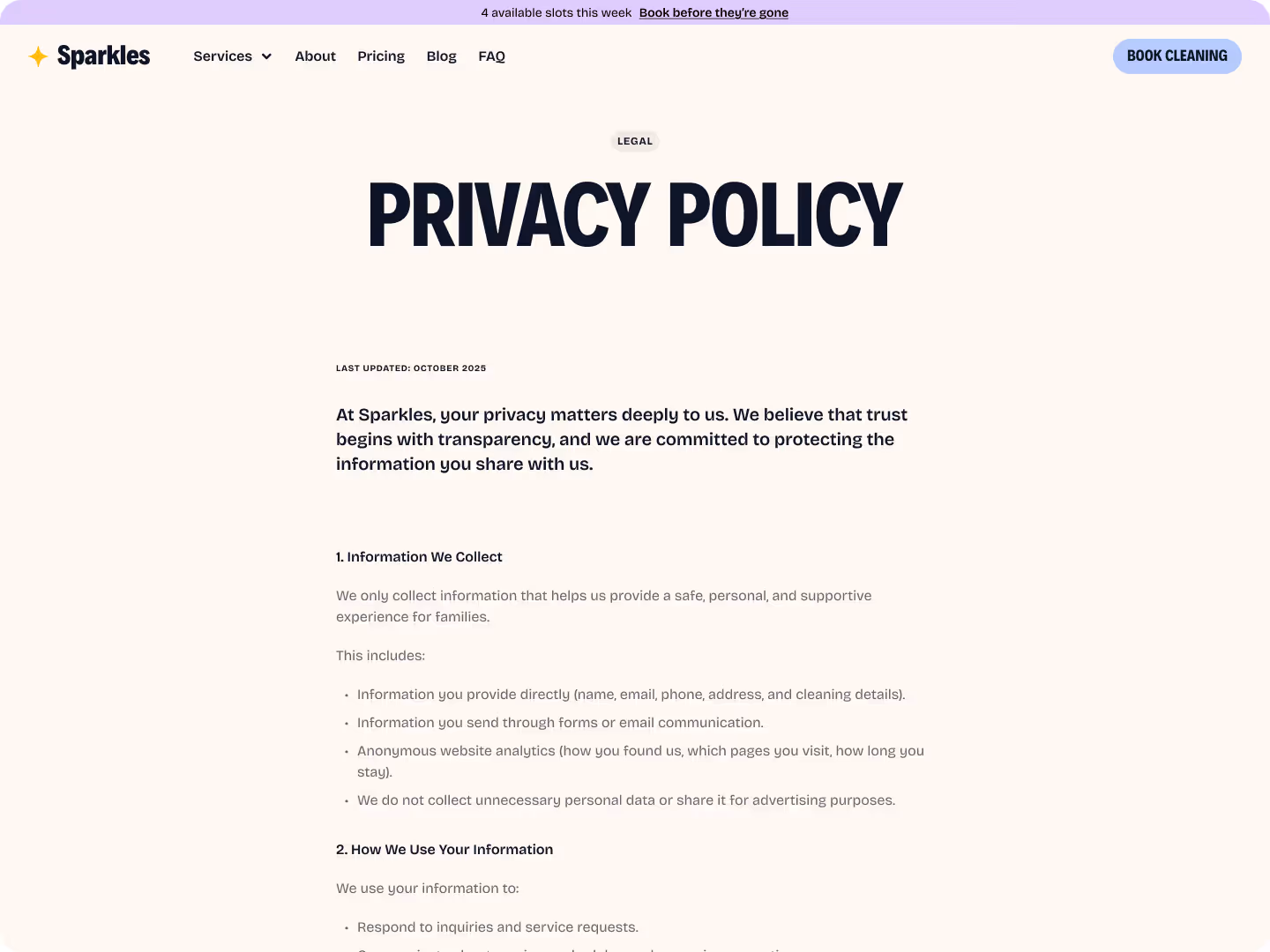 Sparkles website privacy policy page showing last updated date October 2025 and sections on information collection and usage.